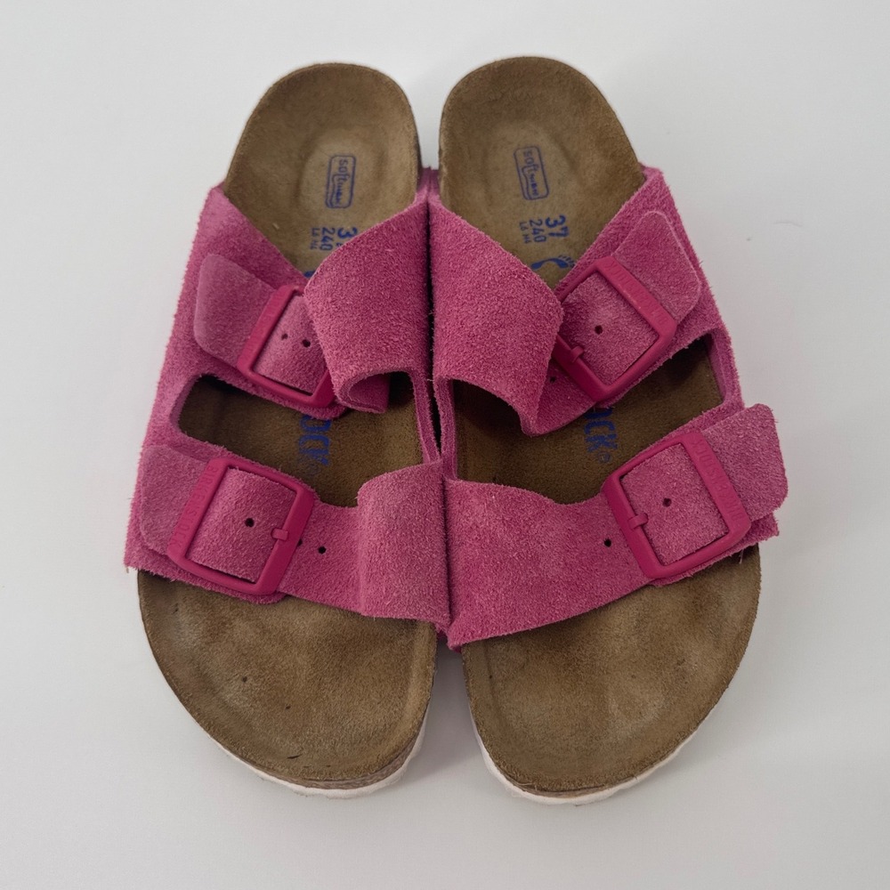 Birkenstock Arizona Women Sandals 37 Fuchsia Pink Suede Soft Footbed 2-Strap - Picture 2 of 8